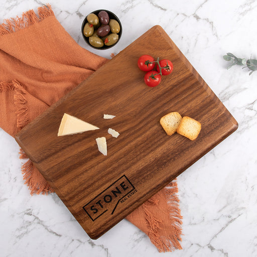 Premium wooden cheese board with engraved company logo, perfect for corporate gifting and client appreciation