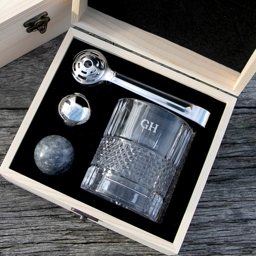 Engraved whiskey glass with marble and silver whiskey stones
