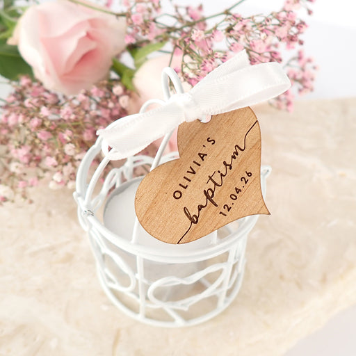 Birdcage Tealight Holder with Personalised Engraved Wooden Christening, Baptism, Naming Day Gift Tag Favour