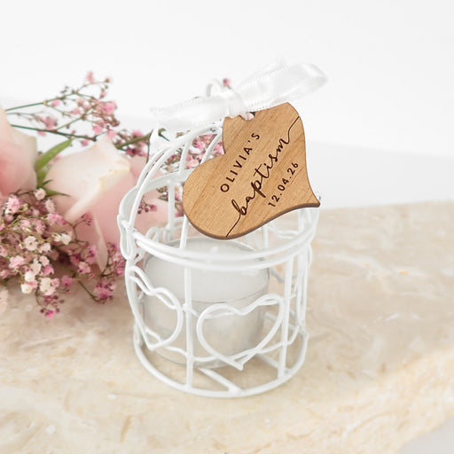Birdcage Tealight Holder with Personalised Engraved Wooden Christening, Baptism, Naming Day Gift Tag Favour
