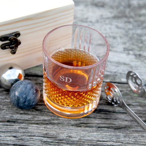 Customised Engraved Wooden Box with Monogrammed Bourbon Glass, Whiskey Stones and Bourbon Tongs - Gift for Men