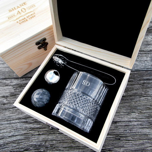 Personalised Engraved Birthday Wooden Gift Boxed Spinning Scotch Glass Set 30th 40th 50th 60th 21st 18th