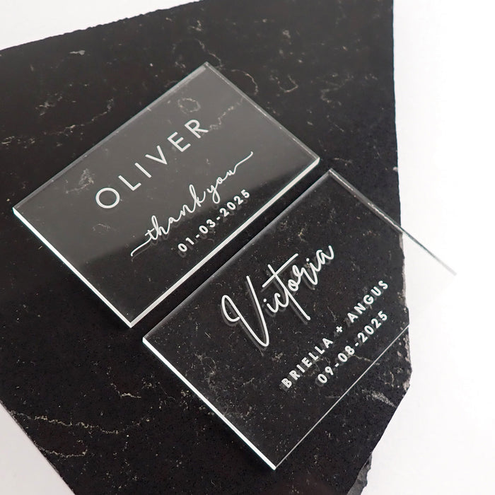 Personalised engraved clear rectangle placecard with acrylic stand