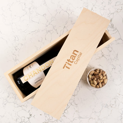 Engraved wooden wine box with company logo and personalised message