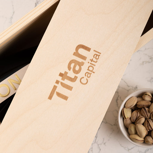 Corporate gift wooden wine box with champagne bottle and custom branding