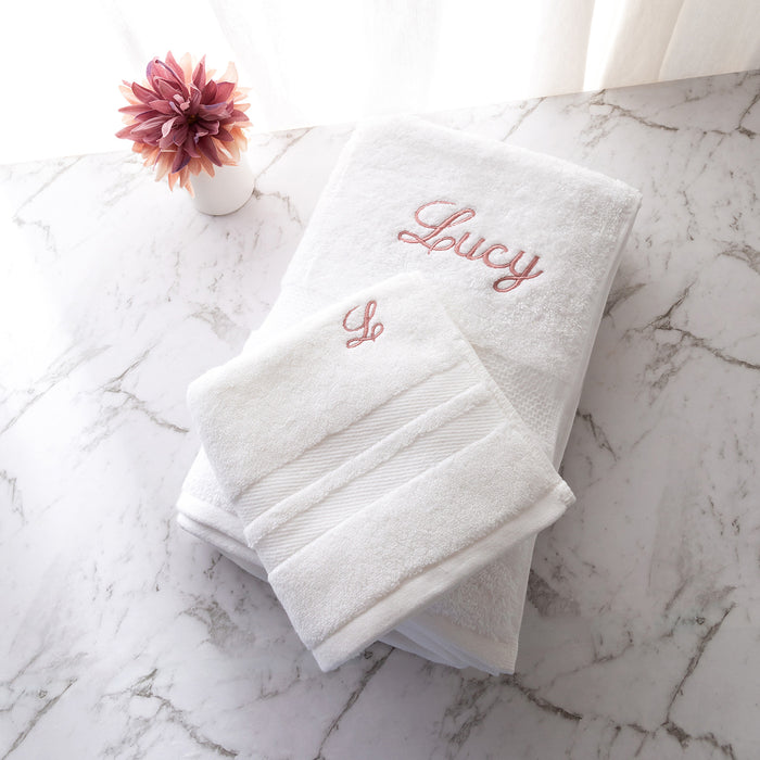 Personalised white towel set with embroidered name and initial, made from soft 100% cotton, perfect gift for any occasion