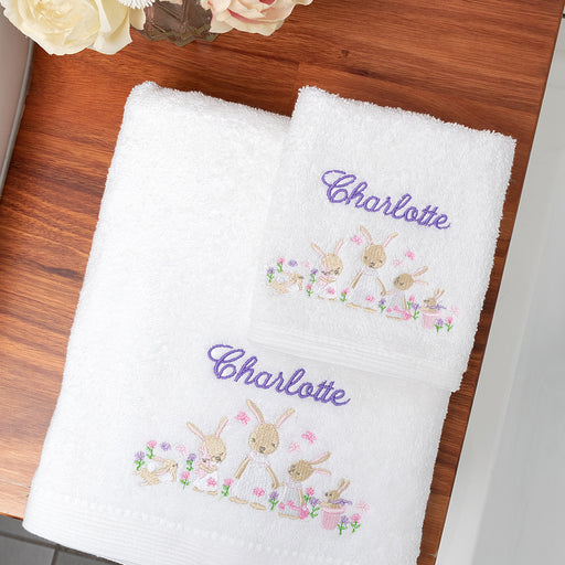 Personalised Embroidered Name White Bunny Garden Bath Towel and Face Washer Set