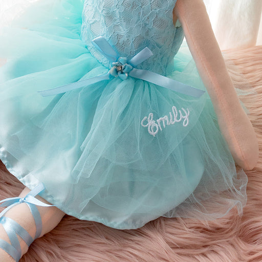 Blue ballerina plush doll with lace bodice, satin skirt, ribbon shoes, and sparkly silver crown, custom embroidered for your child