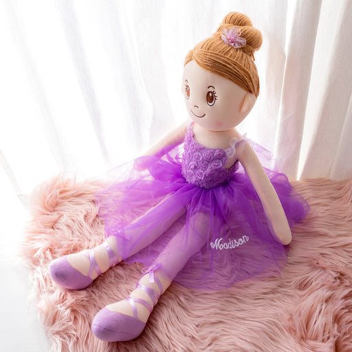 Personalised ballerina doll in purple with brunette hair in a bun, embroidered name on tulle skirt, perfect gift for little girls