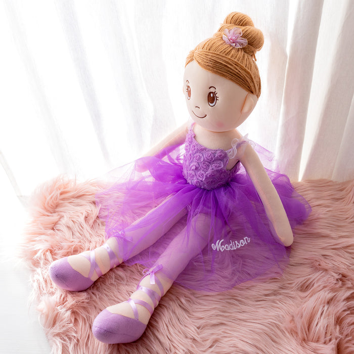 Personalised ballerina doll in purple with brunette hair in a bun, embroidered name on tulle skirt, perfect gift for little girls