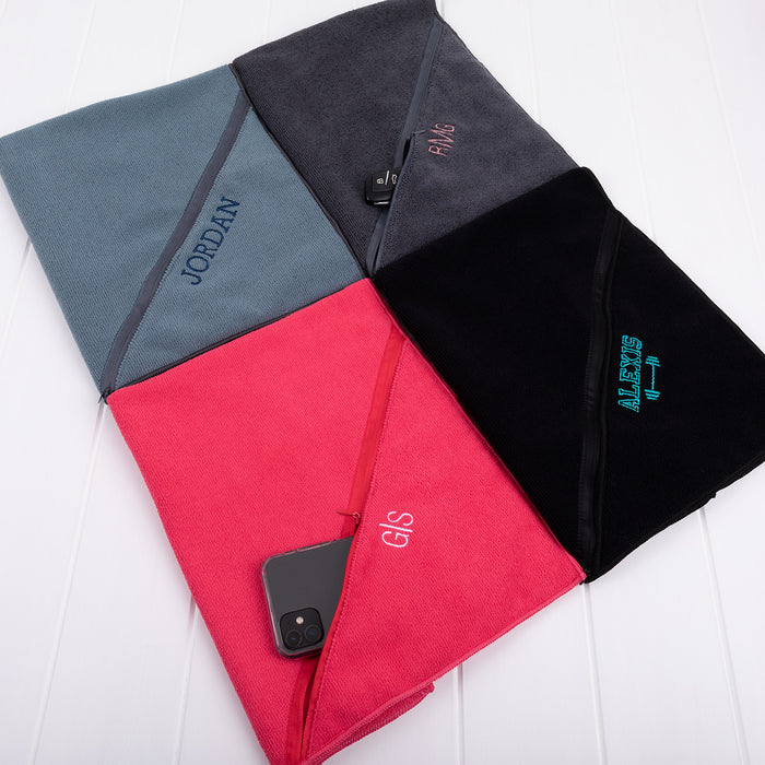 Personalised gym towel with name embroidery and zip pocket