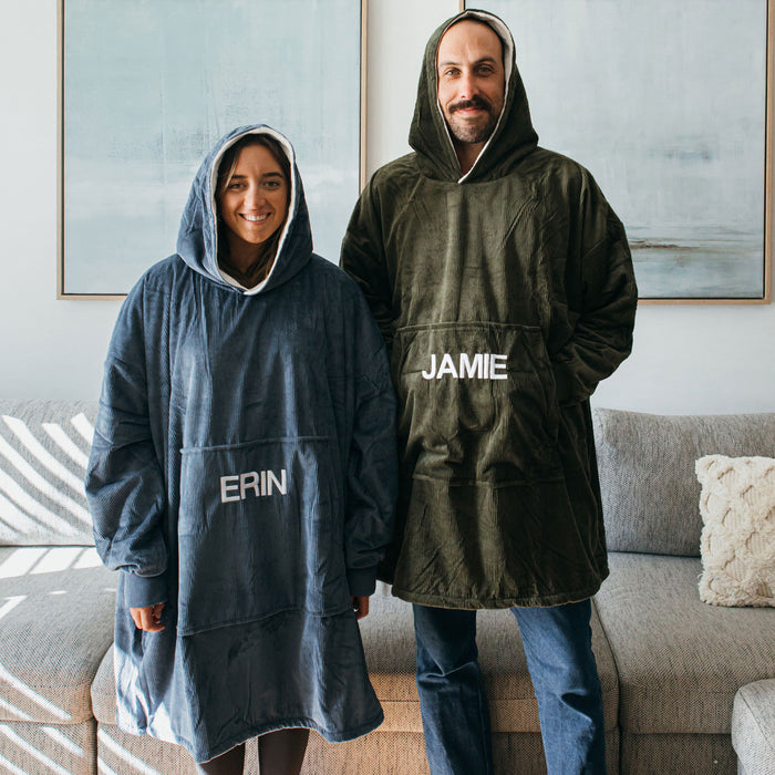 Personalised Engraved Navy and Stone Name Blanket Hoodie Birthday Present