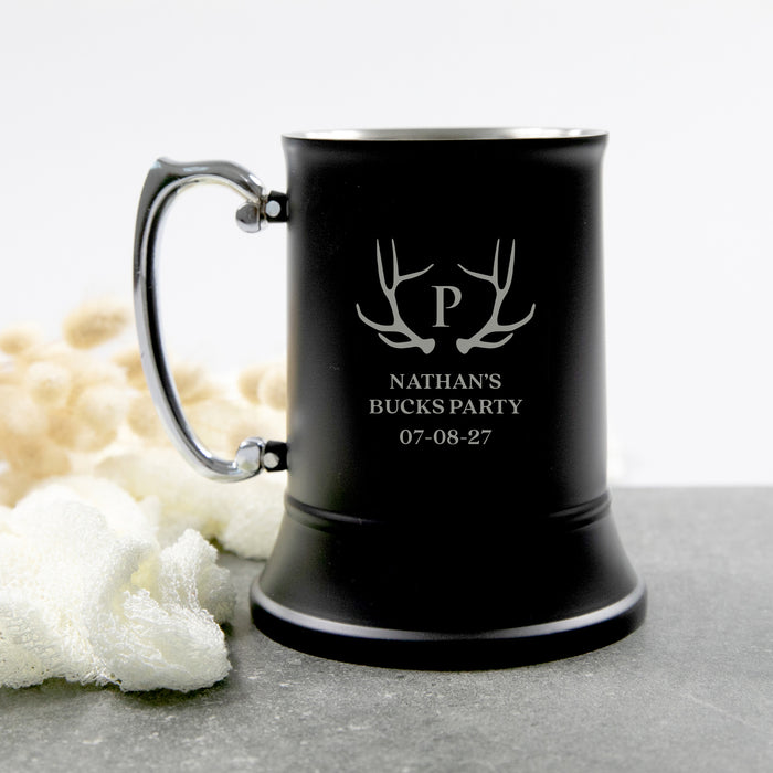 Matte black personalised beer mug with silver engraving for Buck’s Party gift