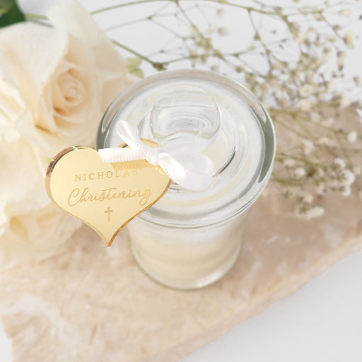 Customised Engraved Christening Mirror Gold Heart Gift Tag With Candle