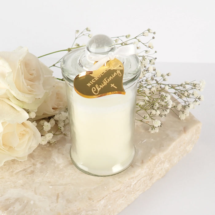 Jasmine Palm Wax Christening Candle with Heart Acrylic Gift Tag