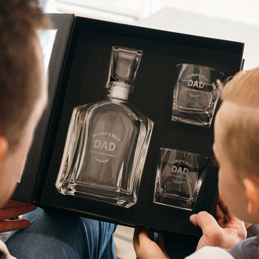 Father’s Day engraved whiskey set with gift box and wrapping