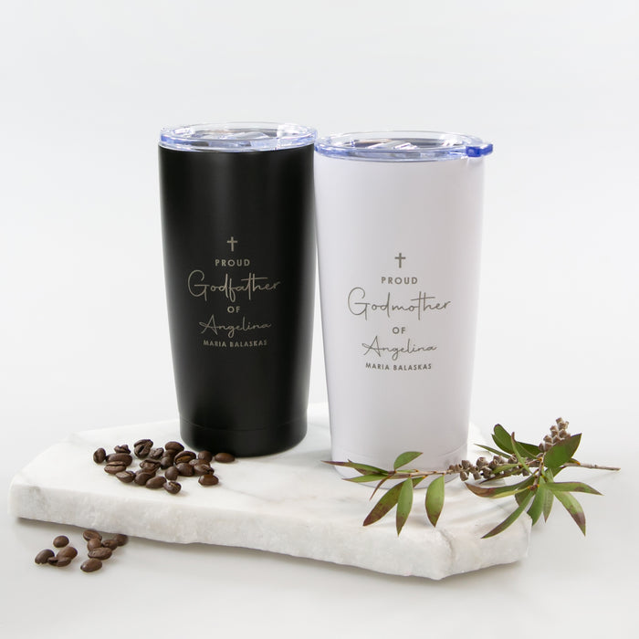 Personalised 590ml travel mug for godmother or godfather, engraved non-alcoholic gift idea