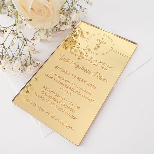 Personalised Engraved 11B Engraved Acrylic Christening/Baptism Invitations Gold