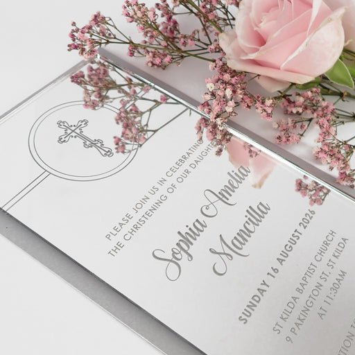 Custom Designed DL Engraved Acrylic Baptism Invitations Silver