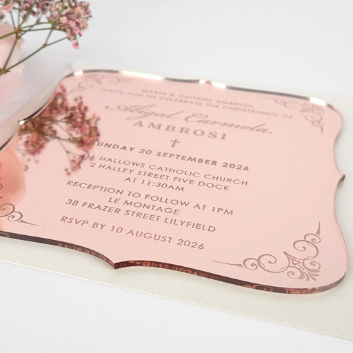 Custom Designed Engraved Royal Style Rose Gold Acrylic Christening Invitations