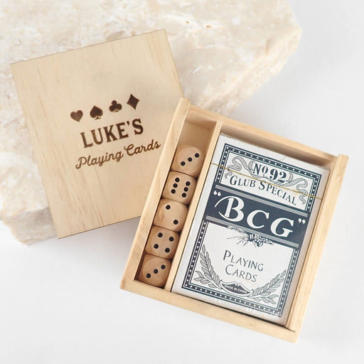Personalised Engraved Wooden Gift Boxed Playing Cards with Dice