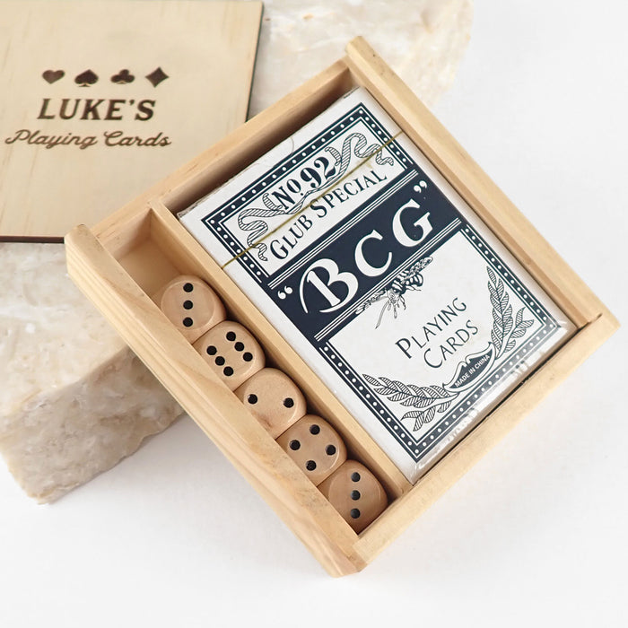 Customised Engraved Name Wooden Gift Boxed Playing Cards with Dice Christmas Present