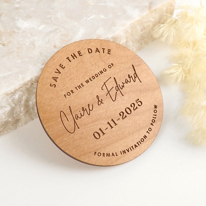 Personalised Engraved Wooden Round Wedding ‘Save the Date’ with Magnet