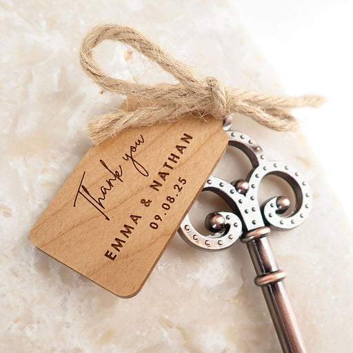 Rustic Key Bottle Opener with Custom Designed Engraved Wooden Gift Tag Favour