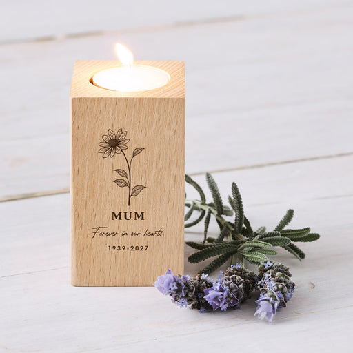 Engraved wooden tealight holder memorial gift with personalised message in loving memory of a lost loved one.