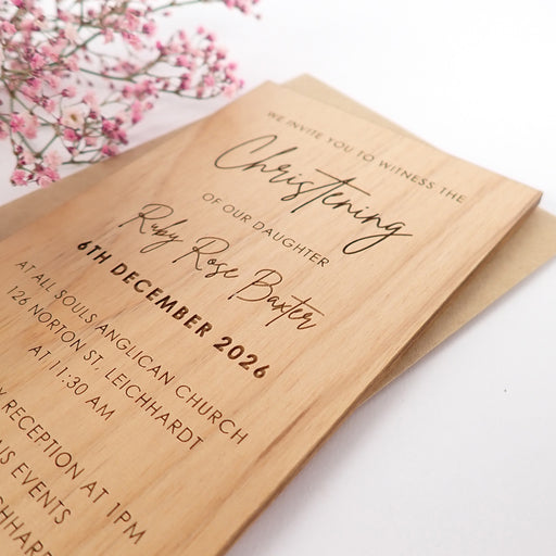 Custom Designed 11B Engraved Wooden Christening Invitations