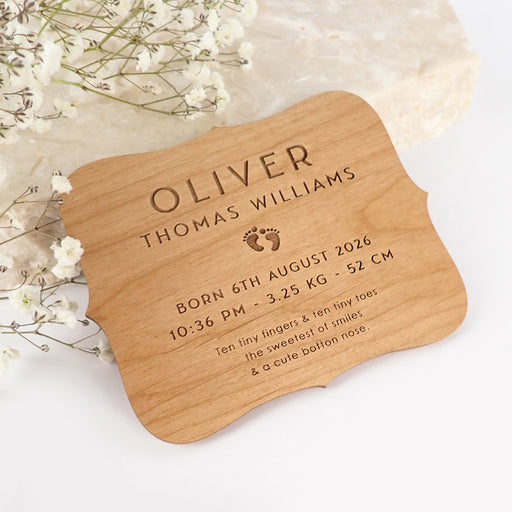 Customised Engraved Wooden Baby Announcement Cards with Magnet