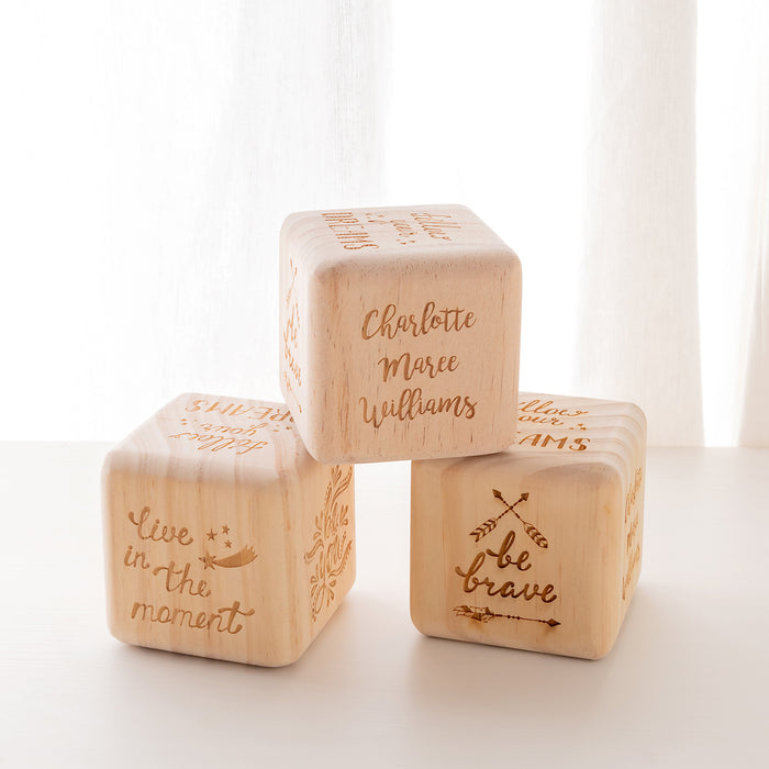 Boho wooden baby block with child’s name and inspirational messages on each side