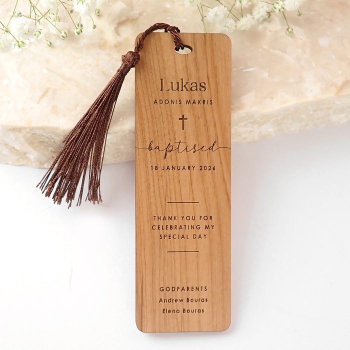 Custom Designed Laser Cut & Engraved Christening, Baptism, Naming Day Wooden Favour with Dark Brown Tassel