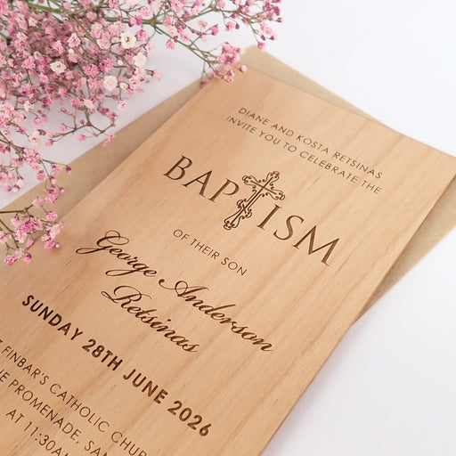 Custom Designed DL Engraved Wooden Christening Invitations