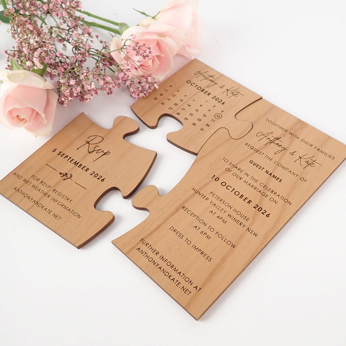 Personalised Engraved Wooden Weeding Invitation and Save the Date Puzzle Invitation