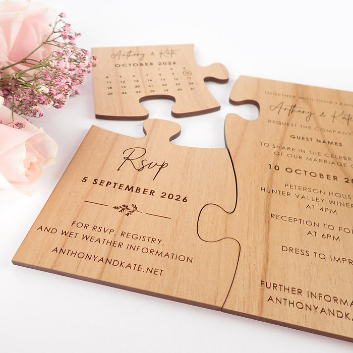 Custom Designed Engraved Wooden Weeding Invitation and Save the Date Puzzle Invitation