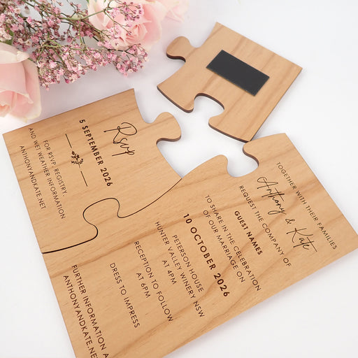 Customised Engraved Wooden Weeding Invitation and Save the Date Puzzle Invitation