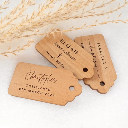 Personalised Engraved Wooden Baby Christening Gift Tags Favours