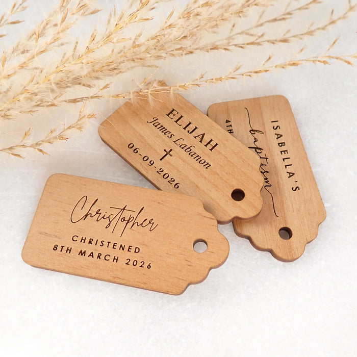 Personalised Engraved Wooden Baby Christening Gift Tags Favours
