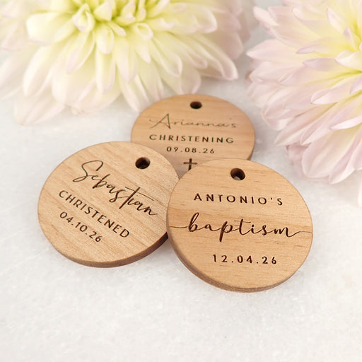 Customised Engraved Baptism Baby Round Wooden Gift Tag Favours