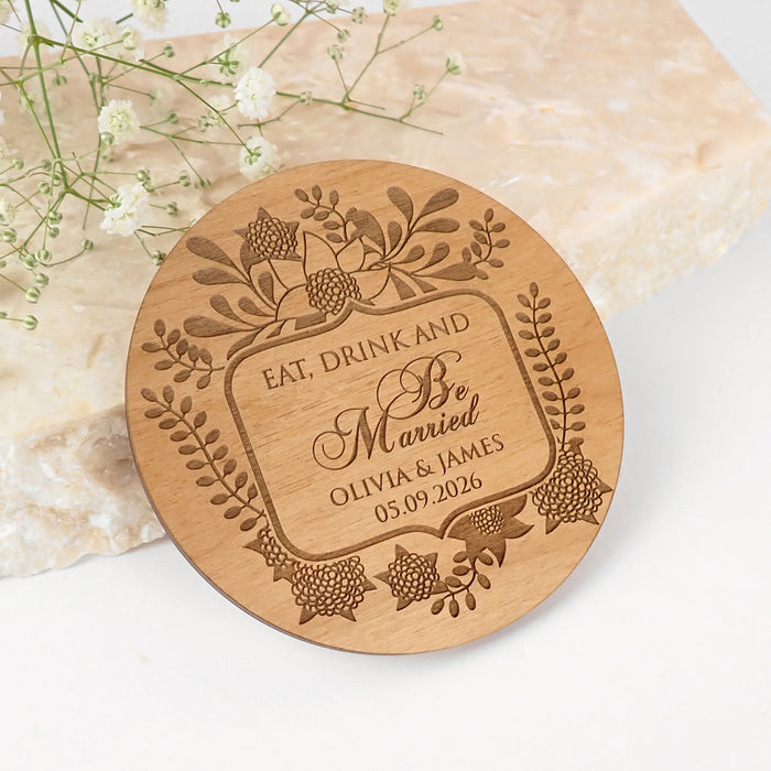 Personalised Engraved Eat, Drink and be Married Wooden Wedding Reception Coaster Favours