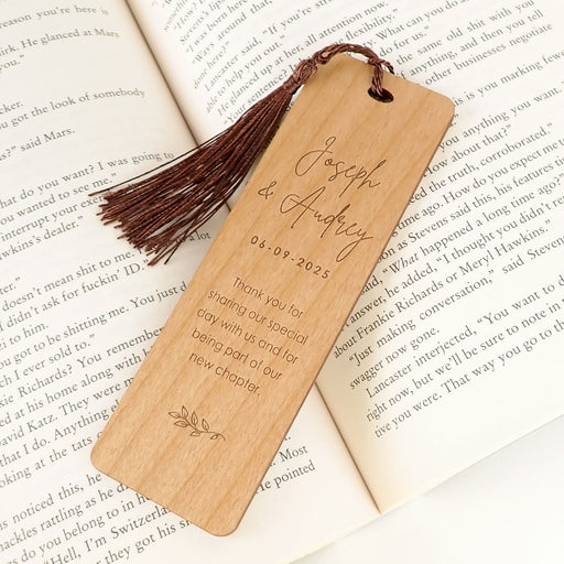 custom designed engraved wedding bomboniere wooden bookmark