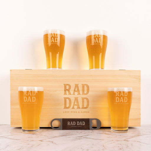 Personalised wooden beer gift set with engraved glasses and custom box for Father's Day