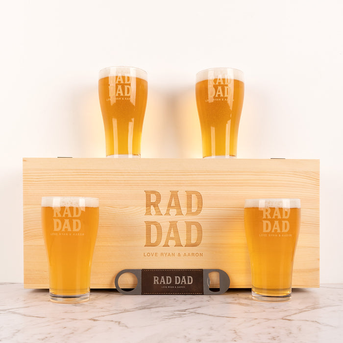 Personalised wooden beer gift set with engraved glasses and custom box for Father's Day