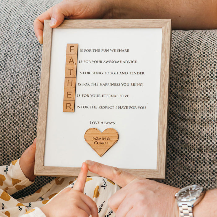 Personalised Scrabble photo frame with custom messages for Dad