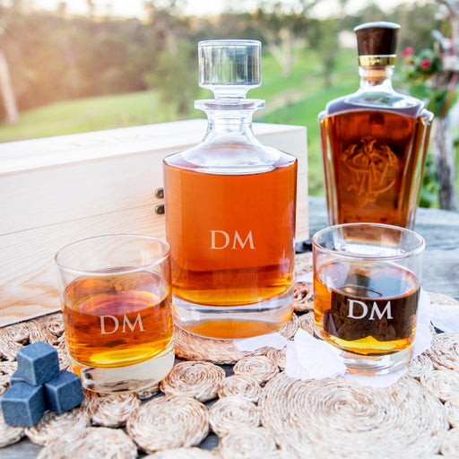 Personalised Engraved Bridal Party Round Decanter and Scotch Glasses with Whiskey Stones and Wooden Box
