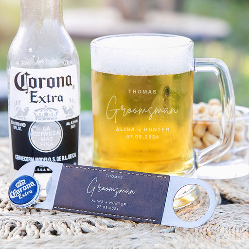 Groomsman Personalised Engraved 500ml Beer Mug and Leather Stainless Steel Barmate Bottle Opener With Gift Box Wedding Favour