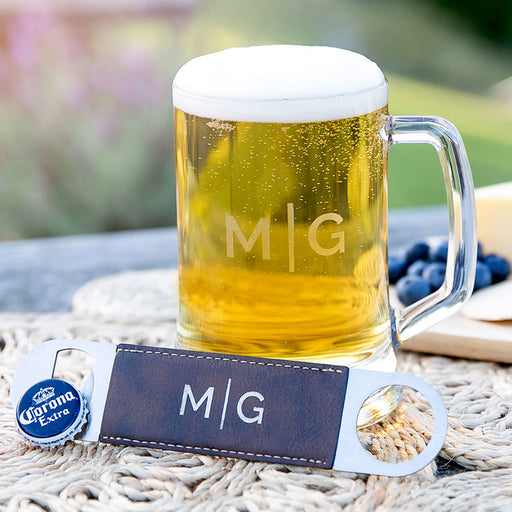 Custom engraved 500ml beer glass with leatherette barmate