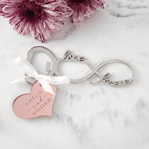 Infinity Bottle Opener with Engraved Personalised Acrylic Rose Gold Gift Tag Favour