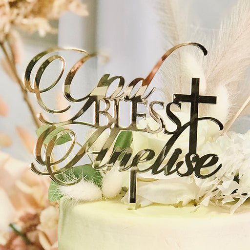 Custom Laser Cut God Bless Baby's Name Personalised Christening Baptism Gold Acrylic Cake Topper